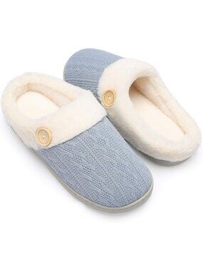 Women's Blue Warm Comfy Memory Foam Knitted Shoes Faux Fur Lined Slippers